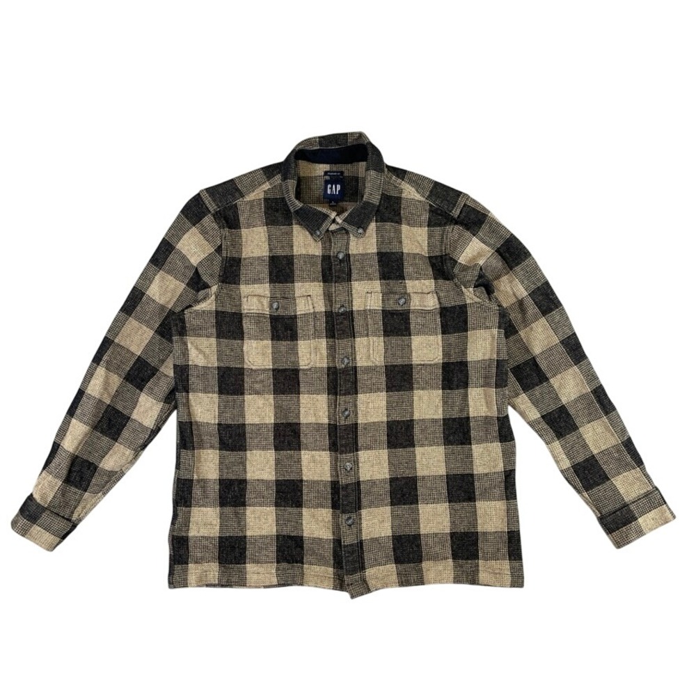 Gap Mens L Buffalo Plaid Button Down Shirt Tan Black Waffle Weave Cotton Shirt